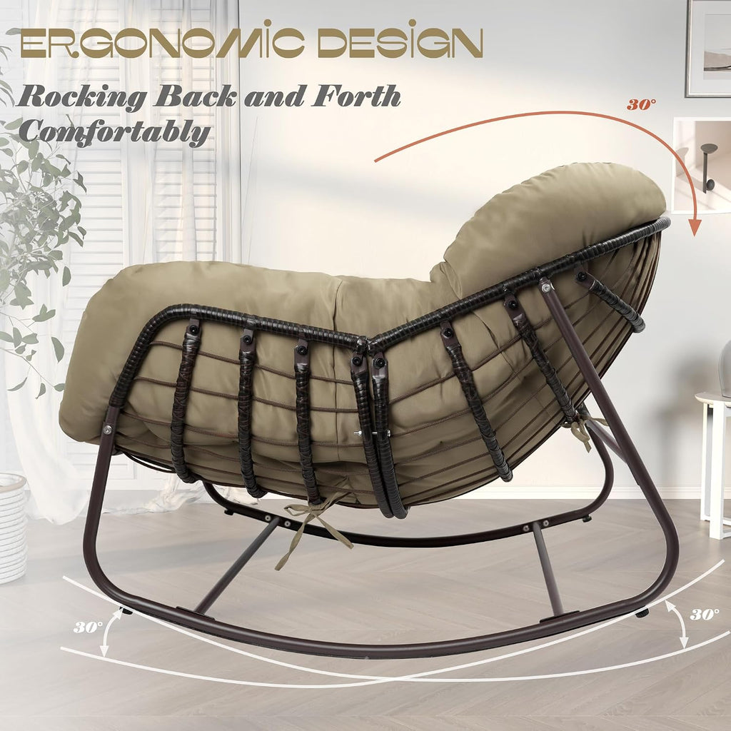 Papasan Rocking Chair Indoor & Outdoor, Oversized Patio Rocking Chairs with Padded Cushion& Pillow-Comfortable Rocker Egg Chair for Front Porch, Garden, Patio, Backyard,Brown,2PC
