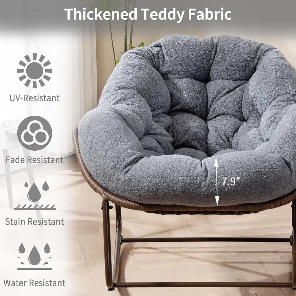 Oversized Papasan Rocking Chair - Outdoor Luxury Oversized Comfy Patio Chair Indoor Egg Royal Rattan Rocking Chair with Cushion for Front Porch Lounge Lawn Bedroom Living Room (Grey Teddy)