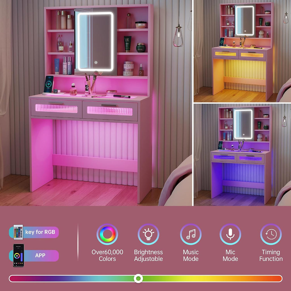 Hadulcet Pink Vanity Desk with Mirror and Lights, 35.5' Small LED Makeup Vanity Desk with 2 Acrylic Drawers, 6 Storage Shelves and Power Outlets for Girls Women Bedroom Dressing Room