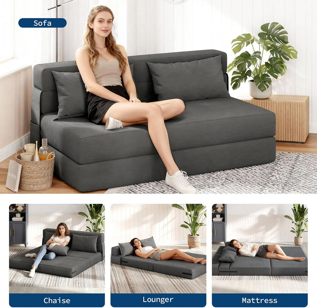 Garvee 4-in-1 Folding Sofa Bed & Chair Bed - Convertible Sleeper, Fold Out Loveseat Sofa Couch with Pillow, Tufted Floor Lounge for Living Room, Bedroom, Guest Room, Dark Gray