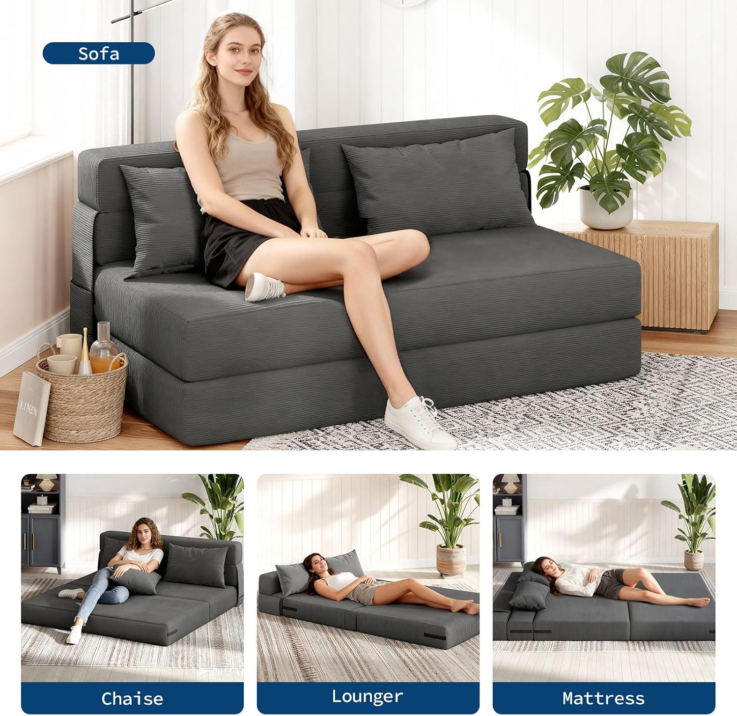 Garvee 4-in-1 Folding Sofa Bed & Chair Bed - Convertible Sleeper, Fold Out Loveseat Sofa Couch with Pillow, Tufted Floor Lounge for Living Room, Bedroom, Guest Room, Dark Gray
