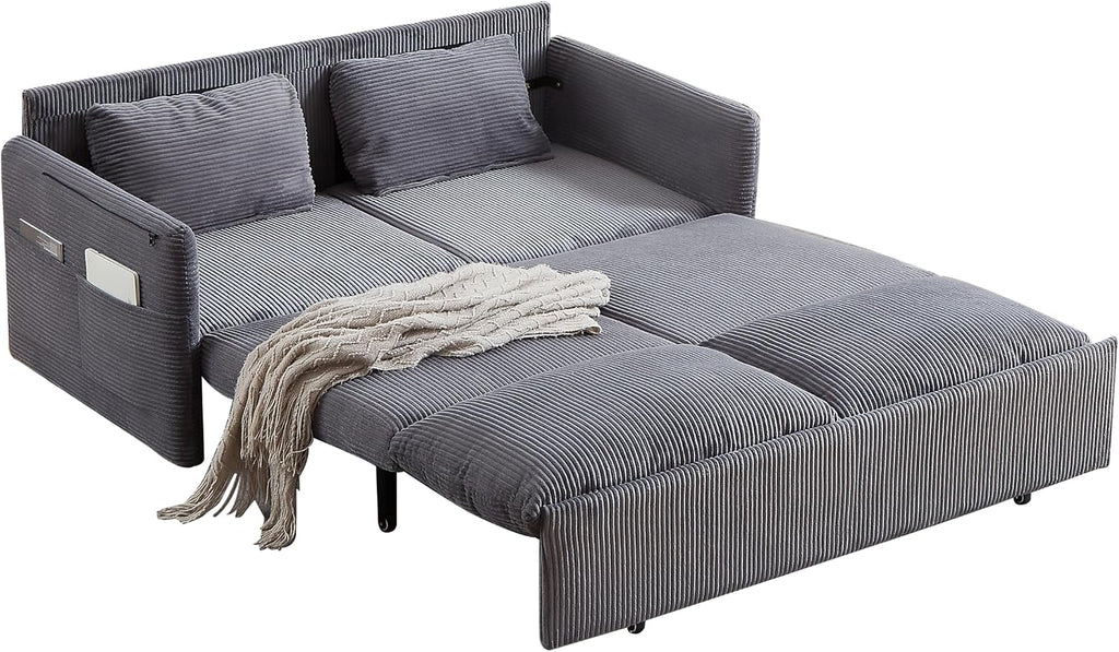 Eafurn 3 in 1 Convertible Pull Out Sleeper Sofa Couch Bed Queen Size, Corduroy Pullout Lounge Loveseat RV Sofa&Couches Sofabed with Soft Pillows Armrest,Side Pockers for Living Room Apartment