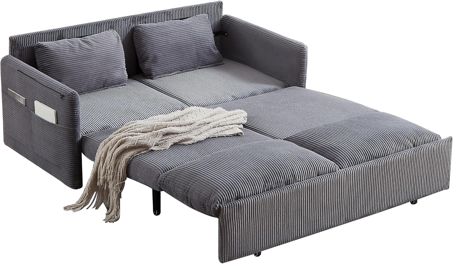 Eafurn 3 in 1 Convertible Pull Out Sleeper Sofa Couch Bed Queen Size, Corduroy Pullout Lounge Loveseat RV Sofa&Couches Sofabed with Soft Pillows Armrest,Side Pockers for Living Room Apartment