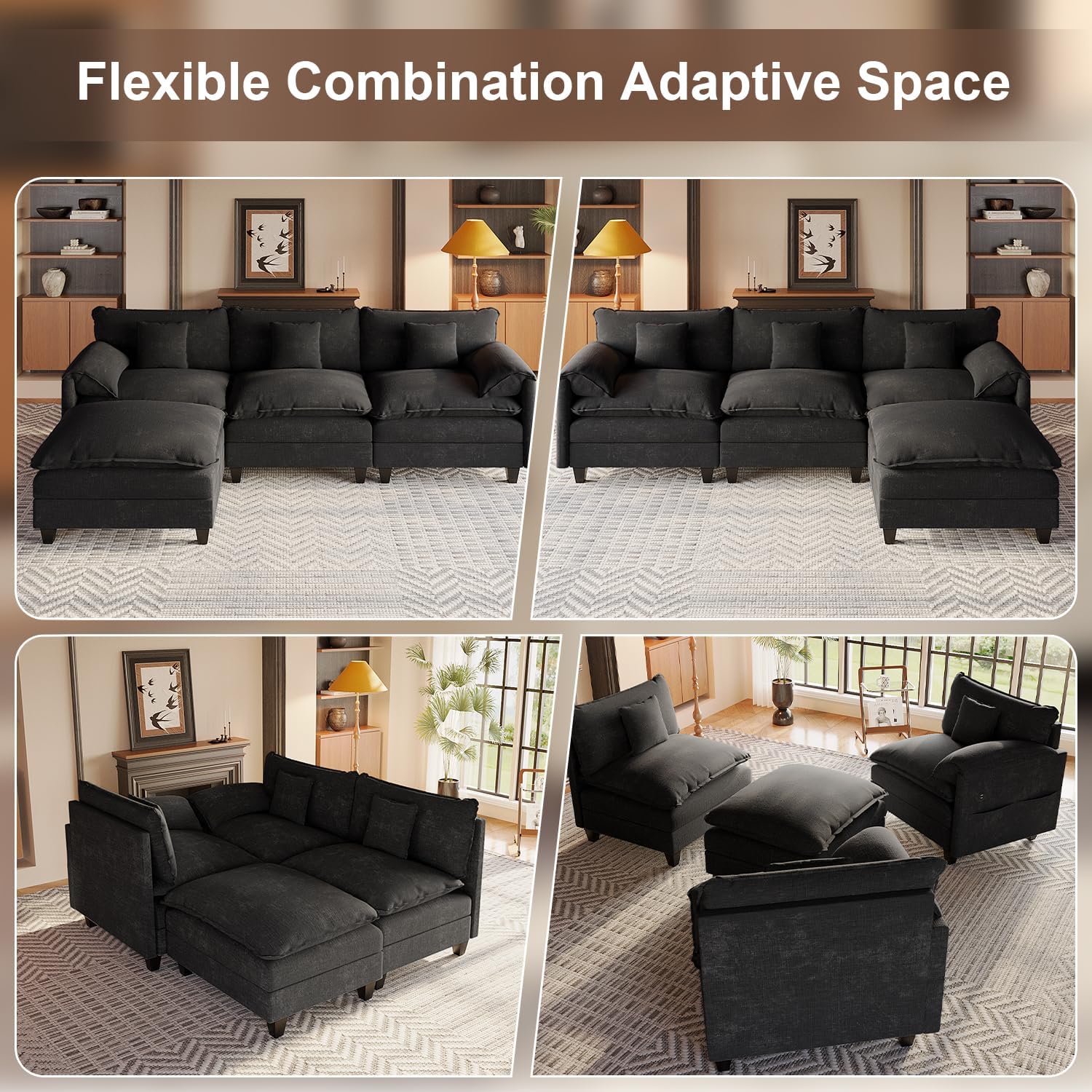 KCGKCG Modular Sectional Sofa, 108' Comfy Cloud Couch with Movable Ottoman | Charging Station | Side Pocket | Throw Pillow, Modern L-Shaped Couches for Living Room, Chenille, Charcoal Black
