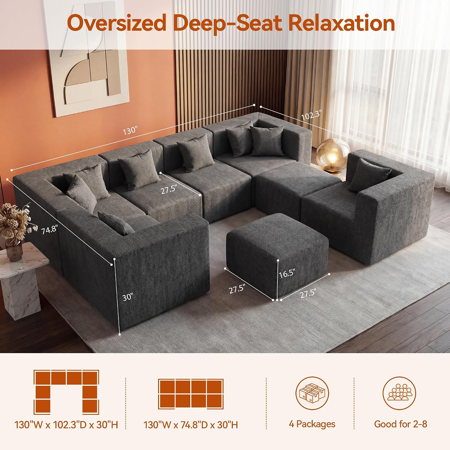 MONVANE Modular Sectional Sofa, Oversized 8 Seat Convertible U Shaped Couch with Ottoman, Comfy Chenille Cloud Couch with Deep Seat, Sectional Couches for Living Room, No Assembly Required, Grey