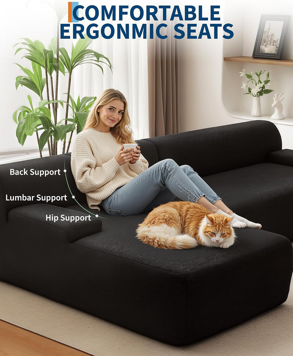 108' Cloud Sectional Couch with Chaise - Super Fluffy Boneless Sofa, Ultra Soft Corduroy L Shaped Couch Bed, Creates Cozy Atmosphere. Perfect Comfy Couches for Living Room, No Assembly Required, Black