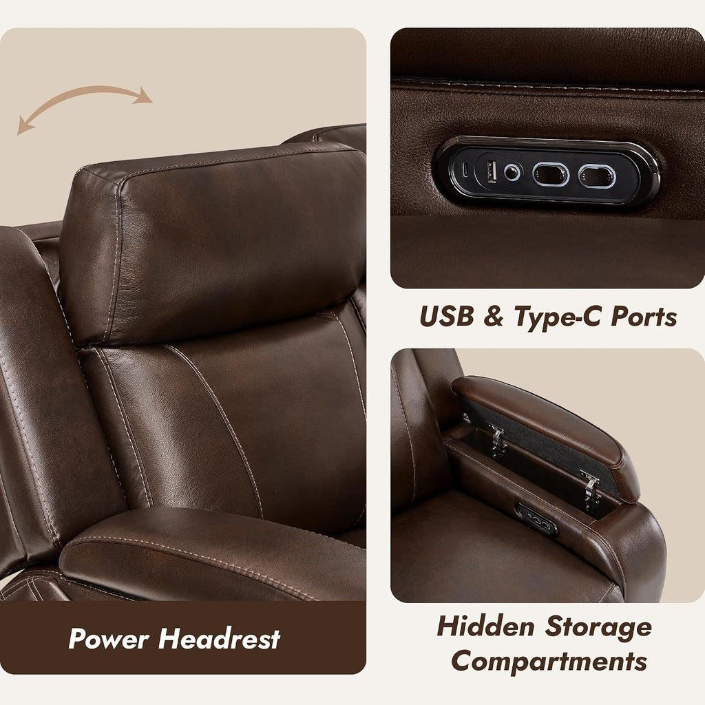 Watson & Whitely Genuine Leather Power Recliner Sofa, 3 Seater Zero Gravity Reclining Couch with Power Headrest & Flip Middle Backrest Table, Hidden Storage, Cup Holders for Living Room, Dark Brown