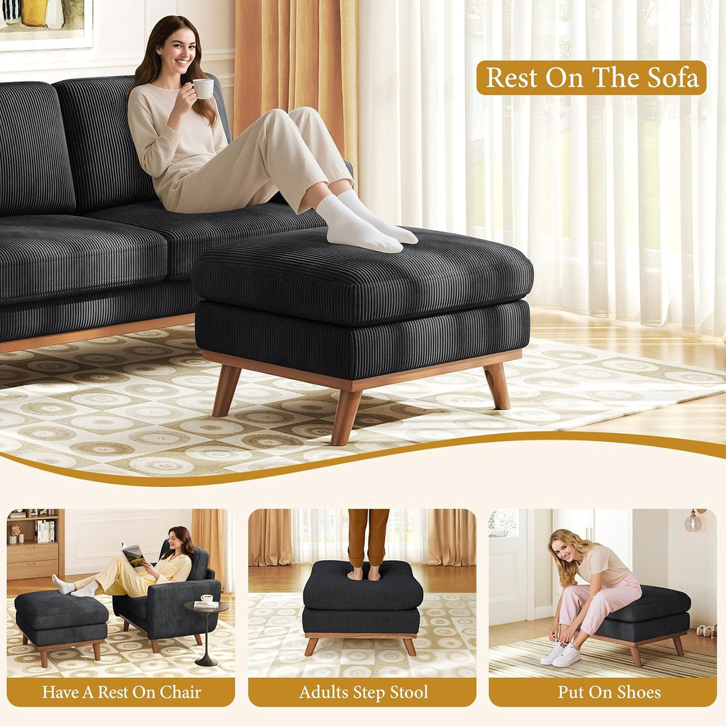 Vesgantti Large Ottoman for Modular Sofa, 29.5' Corduroy Ottoman with Spring Cushion, Rectangle Foot Rest for Couch, Entrance Footstool with Wood Legs, Footstool for Living Room, Bedroom, Black