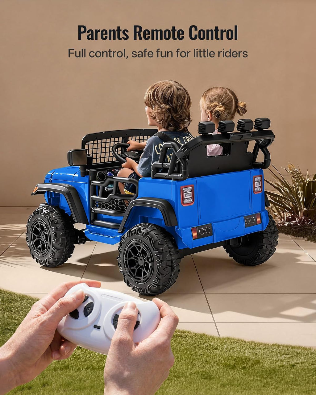 Outfunny 2 Seater Ride on Car Toy, 12V Electric Car for Kids 4-8 with Remote Control, Capacity 110 lb, LED Light - Blue