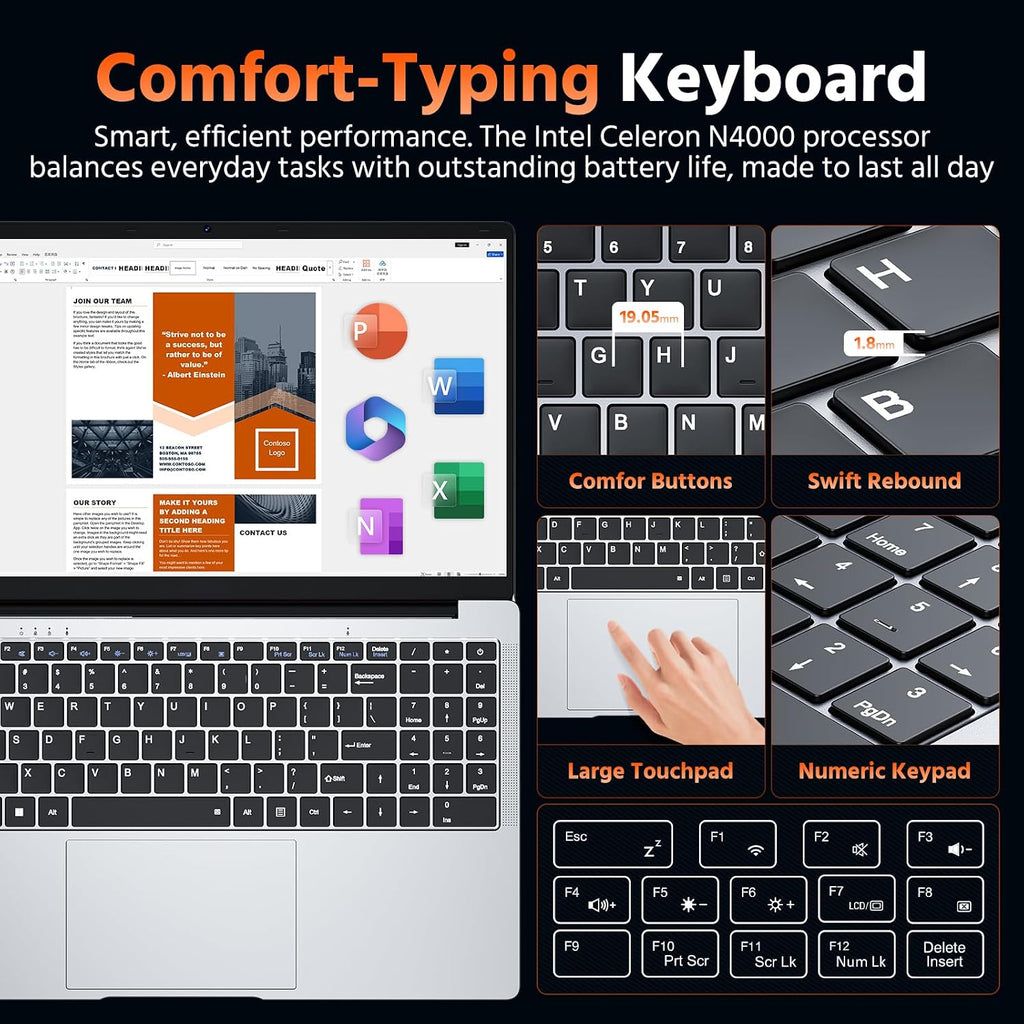 15.6' Laptop Computer, 8GB RAM 256GB SSD Celeron N4000(up to 2.6GHz) Laptop Win 11 Office Suite FHD IPS sRGB Notebook 2.4G&5G WiFi BT 4.2 HDMI USB 3.0 5000mAh Battery for Home Student Business