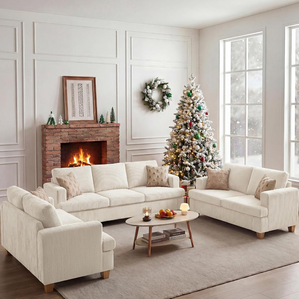 Apicizon 89'' 3-Seat Sofa Couch with 2 Loveseat, 3 Piece Corduroy Couches Sofa Set for Living Room, Modern Lounge Sofa Couches for Apartment Lounge, White