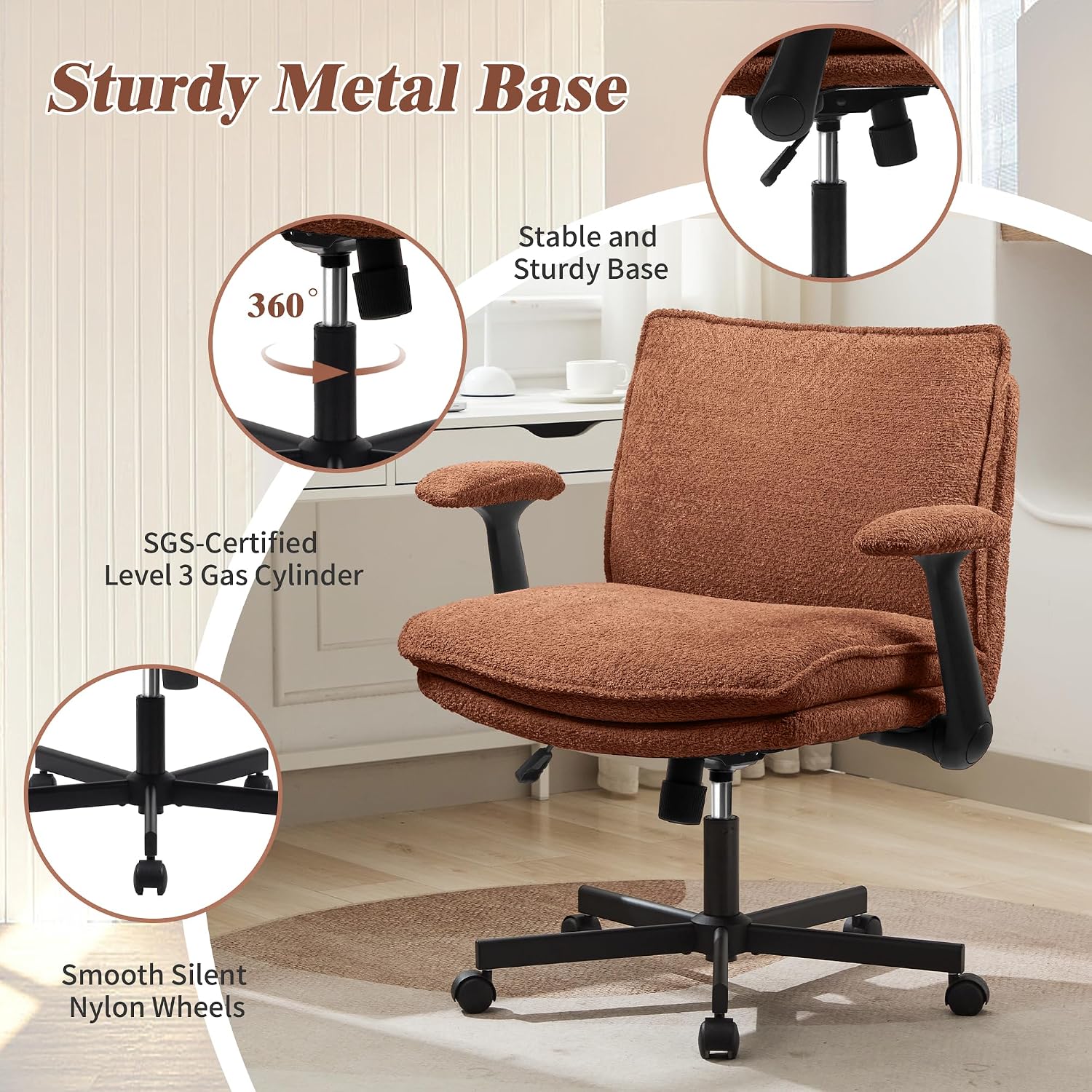 Kassipo Criss Cross Legged Office Chair with Wheels and Flip-Up Arms, Upholstered Criss Cross Desk Chair, Wide Seat Chairs for Home Office, Vanity, Apartment, Orange