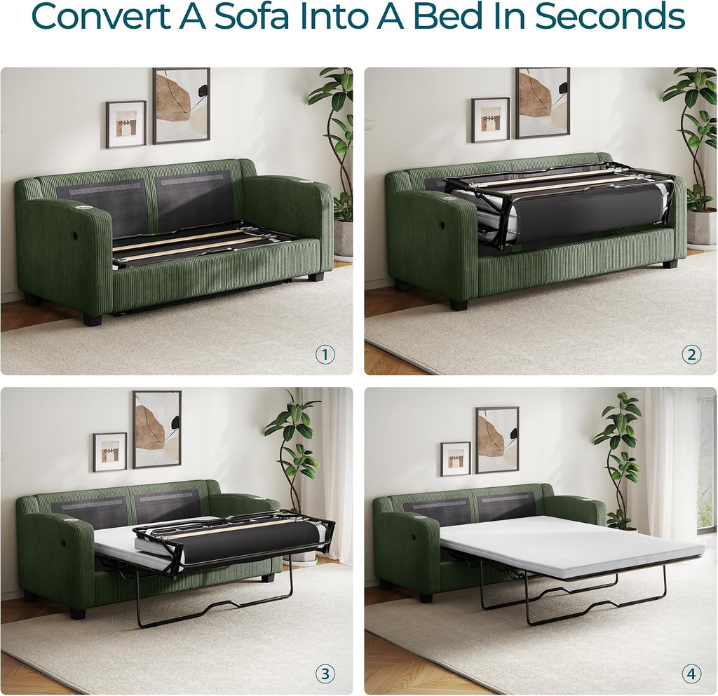 LINSY HOME Pull Out Sofa Bed - Convertible Loveseat Sleeper Sofa, Upgraded Bed Frame Pullout Couch - USB Charging & Cup Holders, Corduroy Sofa Bed for Living Room Small Space, Queen Size (Green)