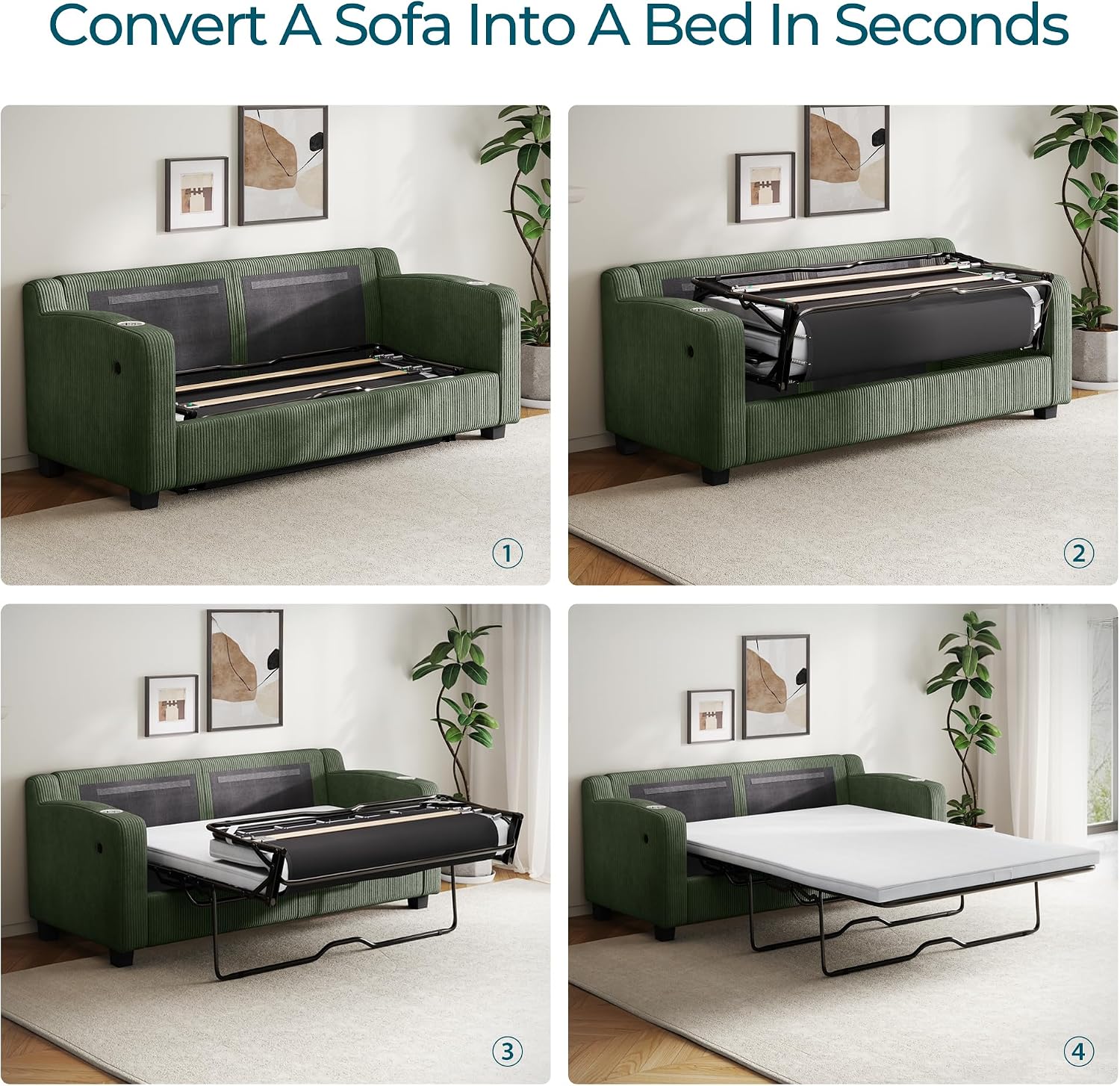 LINSY HOME Pull Out Sofa Bed - Convertible Loveseat Sleeper Sofa, Upgraded Bed Frame Pullout Couch - USB Charging & Cup Holders, Corduroy Sofa Bed for Living Room Small Space, Queen Size (Green)