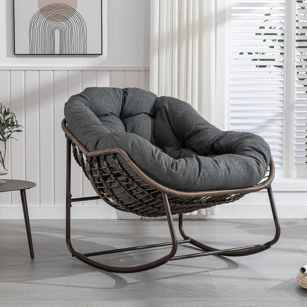 Patio Chairs Set of 2, Oversized Wicker Egg Rocking Chair,Indoor & Outdoor Upholstered Papasan Chairs, Modern Lounge Chair for Balcony,Living Room Patio, Front Porch, Garden