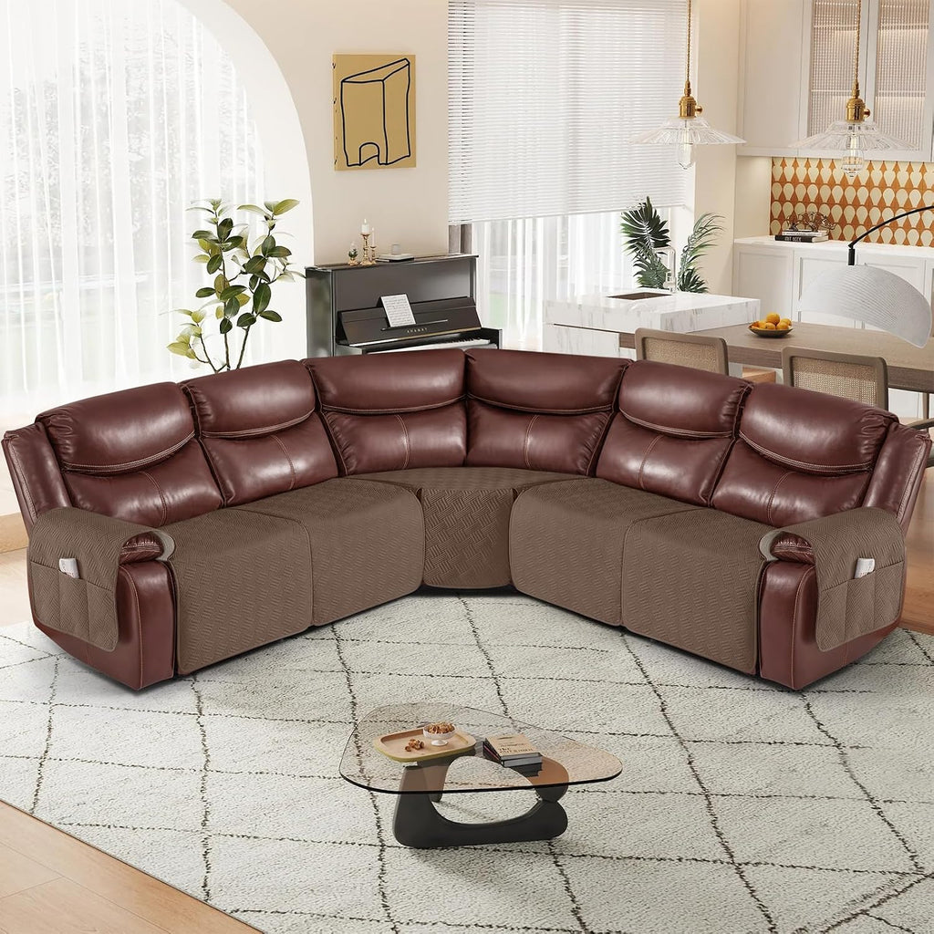 KinCam Waterproof Recliner Sectional Couch Covers, Oversized Reclining Sofa Covers for L Shape Couch, Non Slip Couch Cover for Sofa Washable Slipcover (5 Seat Recliner Cover, Brown)