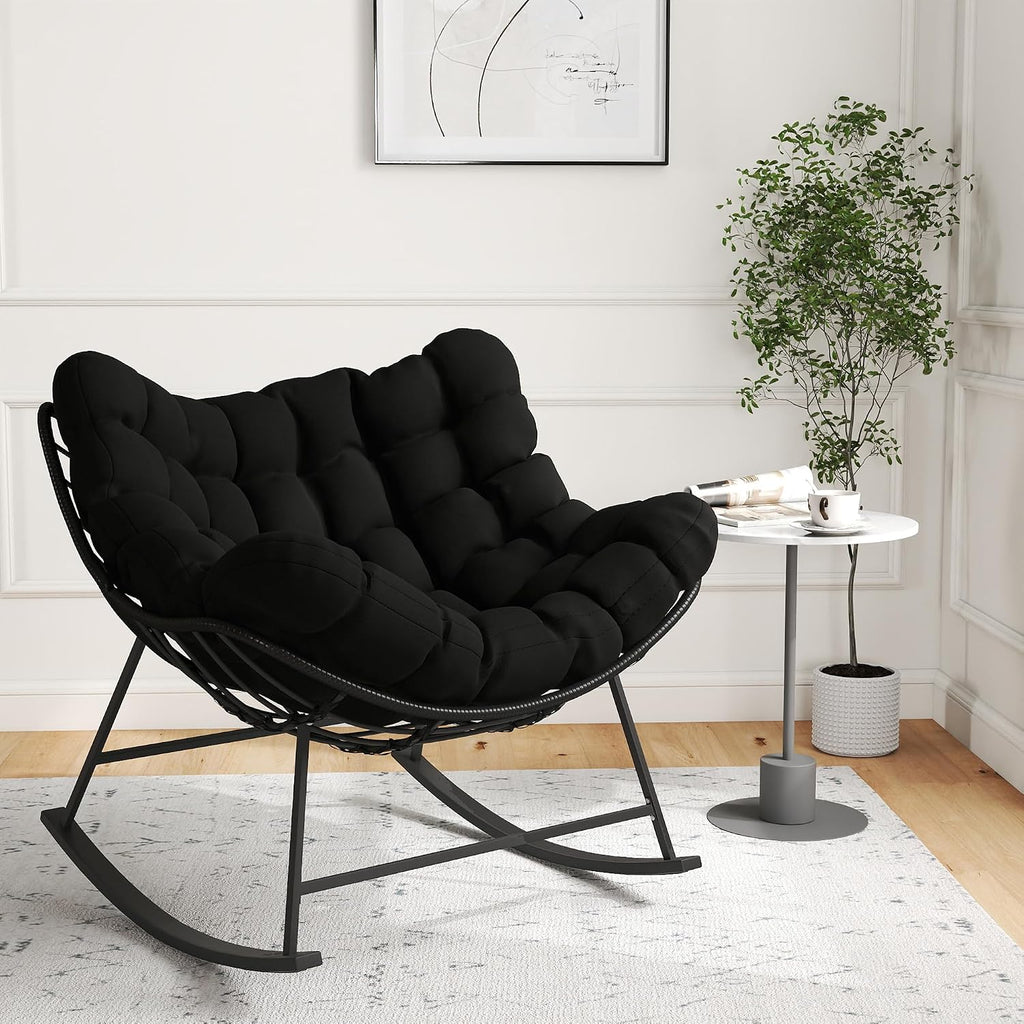 Oversized Wicker Papasan Rocking Chair, Indoor Outdoor Egg Chair Rocker, Comfy Patio Recliner with Modern Egg Style, Black
