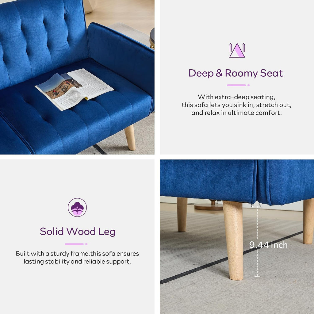 TYBOATLE 62.99' W Velvet Modern Convertible Folding Futon Couch Sofa Bed w/ 2 USB Charging Ports for Compact Living Space, Small Couches for Office, Dorm, RV Room, Apartment, Bedroom (Navy Blue)