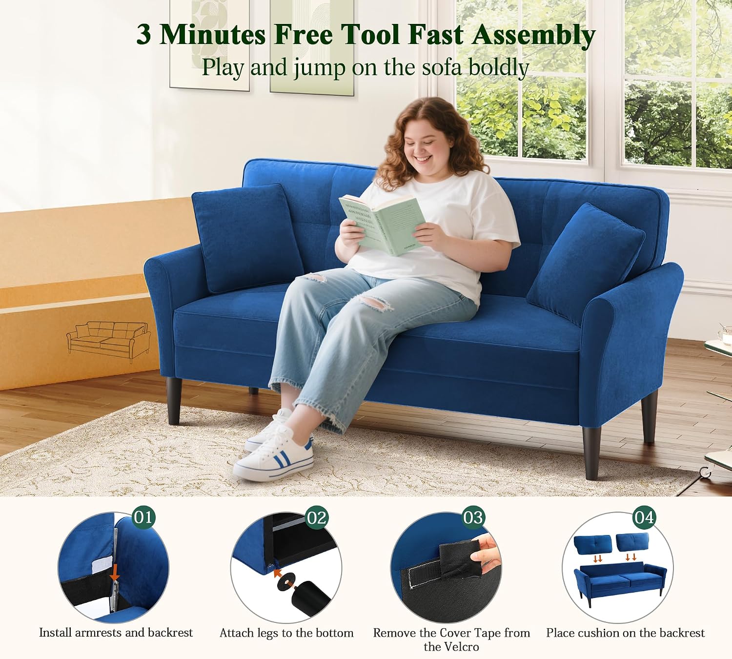 Loveseat Sofa, 69' Love Seat Couches, Comfy Velvet Small Couches for Small Spaces with 2 Pillows, Tool-Free Setup Sofas & Couches, 700lb Load Sofas for Living Room, Mini Couch for Bedroom, Blue Couch