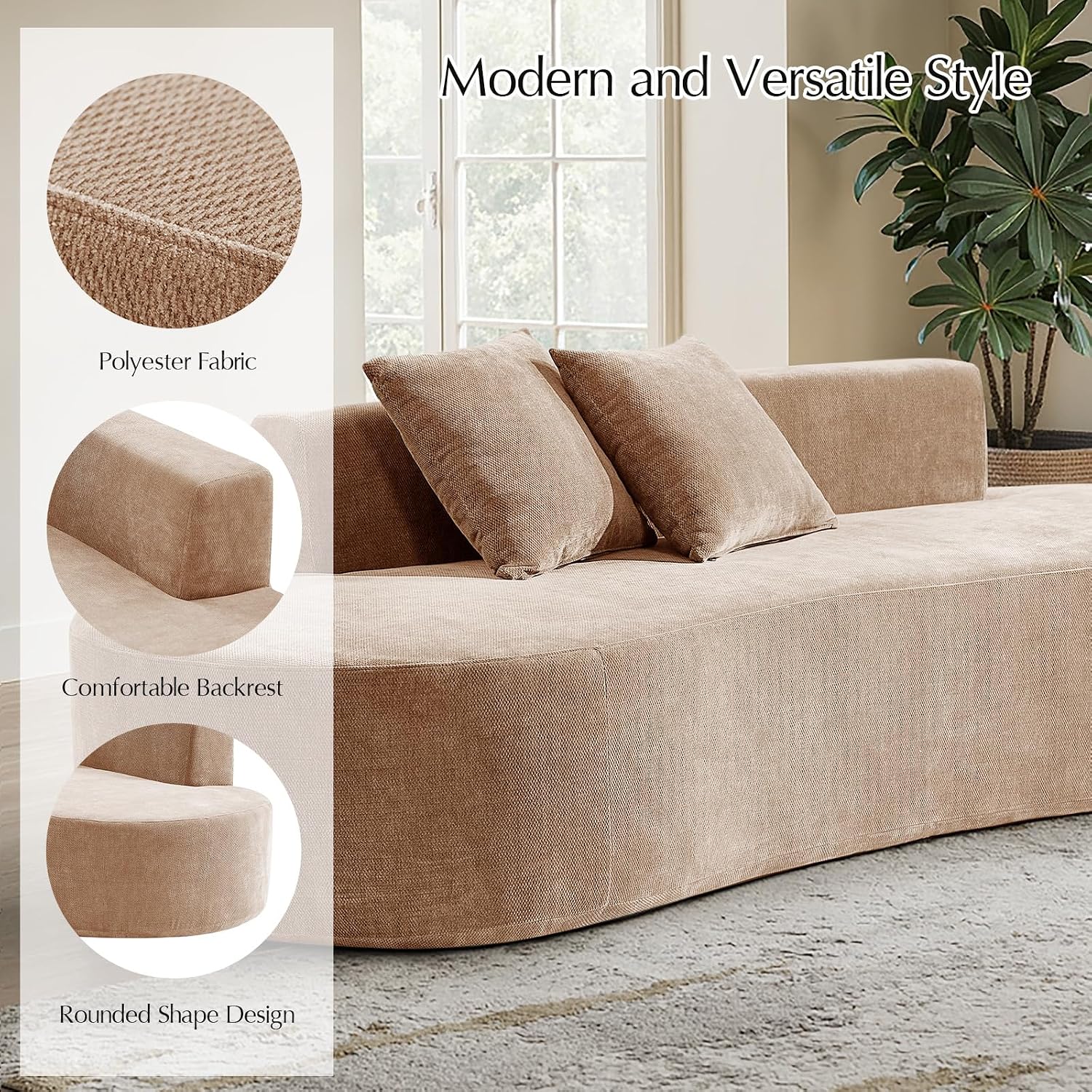HULALA HOME 94.5' Curved Boneless Couch with Two Pillows, Oversized 3 Seater Compressed Foam Sofa with Deep Seat, Modern Cloud Couch for Living Room, No Assembly Required, Pink