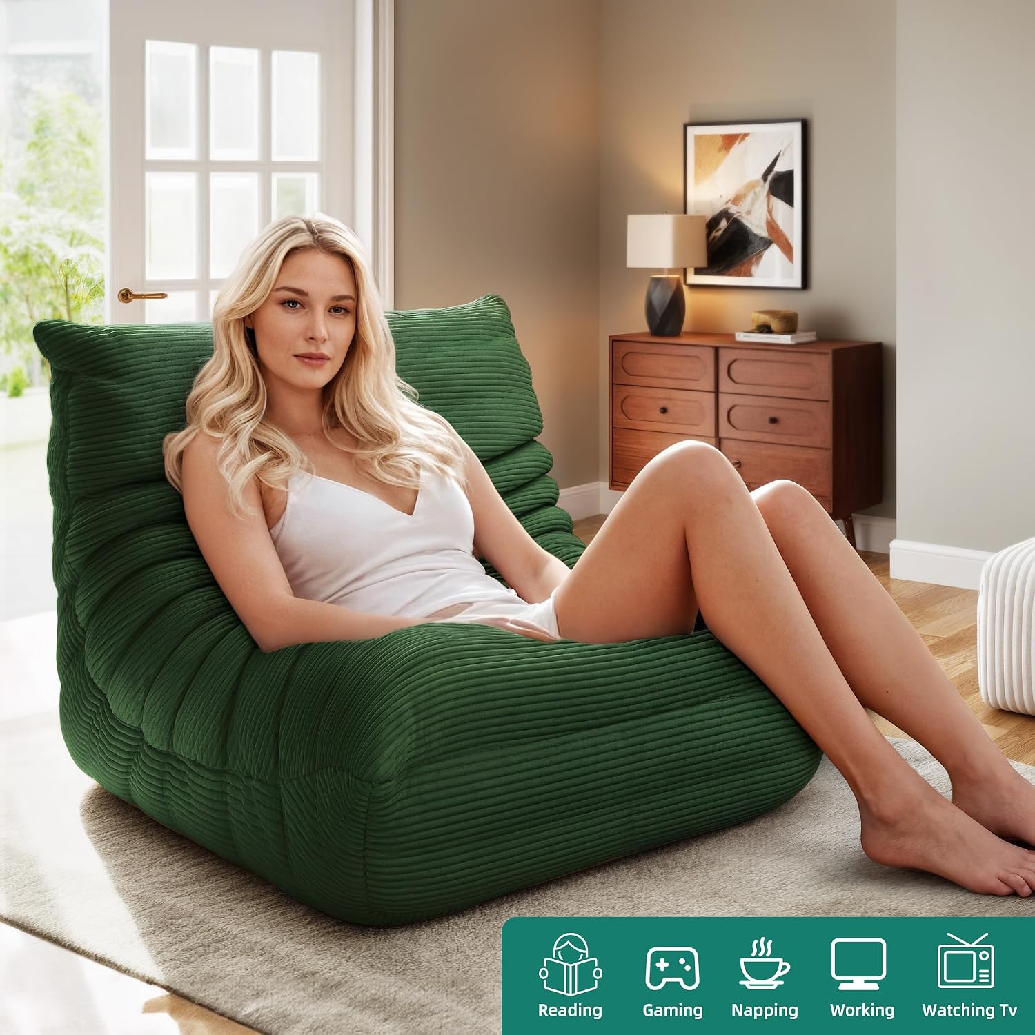 YITAHOME Bean Bag Chairs for Adults, Giant Lazy Floor Sofa with Memory Foam, Comfy Cordury Fireside Chair Beanbags for Living Room Apartment Dorm Office, Green