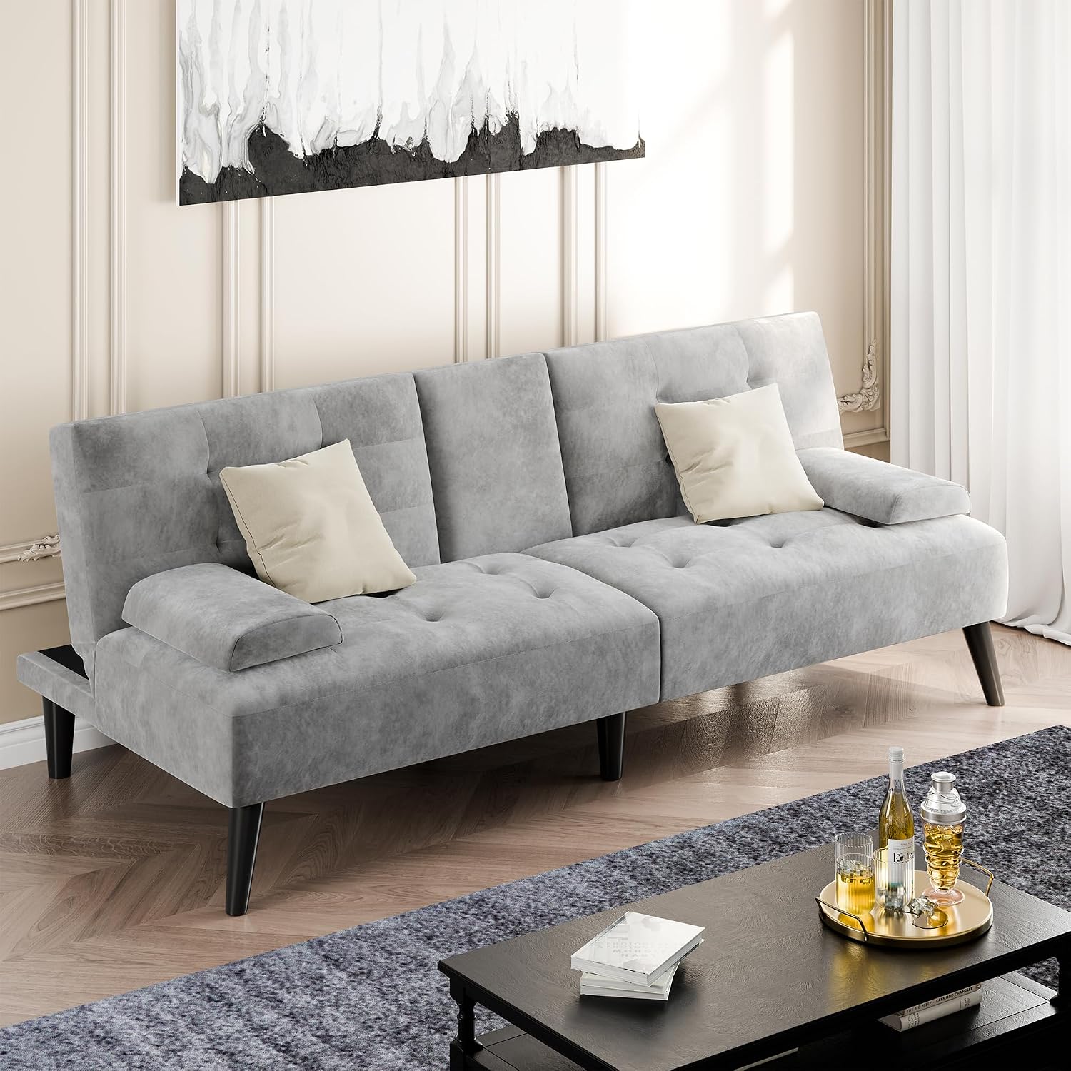Shintenchi Futon Sofa Bed, Velvet Foldable Couch Reclining Sleeper w/Removable Armrests, Upholstered Loveseat w/Folding Cup Holders for Home, Office, Light Gray