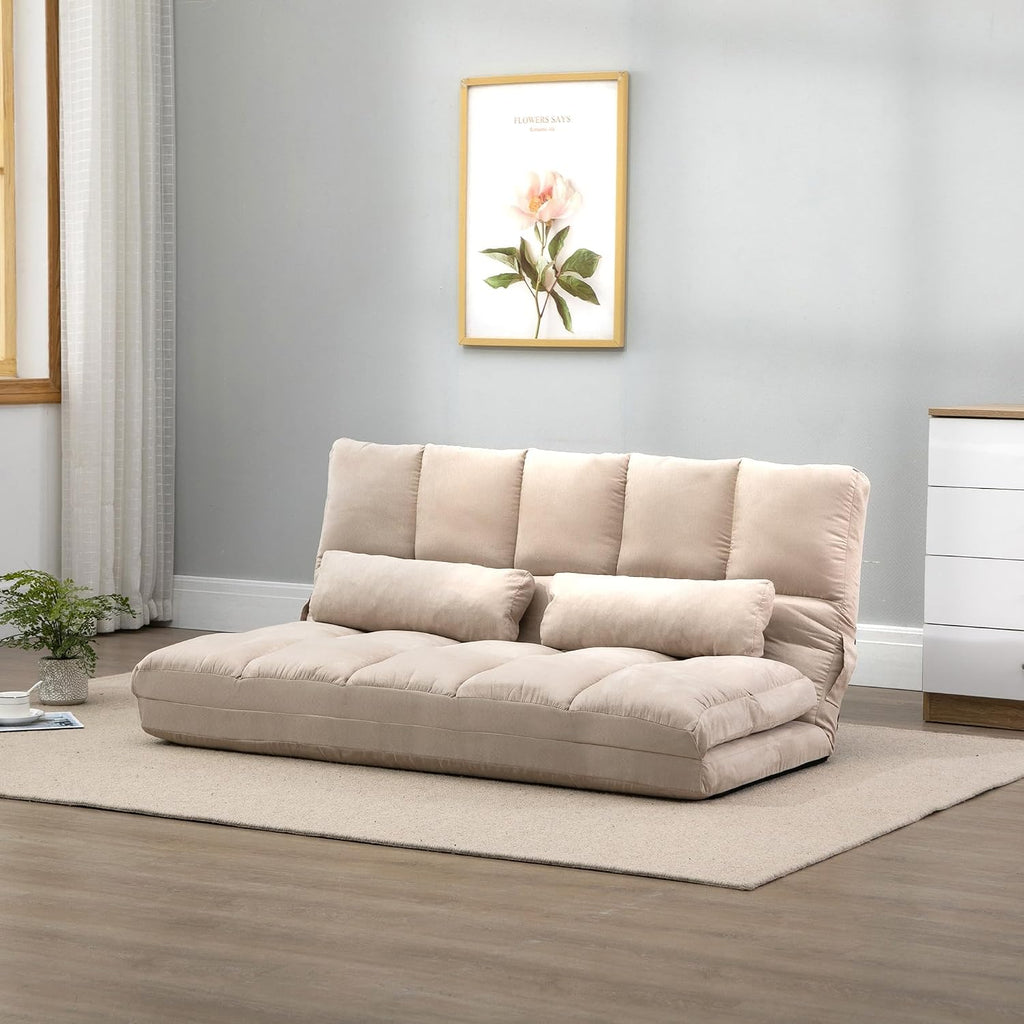 HOMCOM Convertible Floor Sofa Chair, Folding Couch Bed, Guest Chaise Lounge with 2 Pillows, Adjustable Backrest and Headrest, 51.25' L, Beige