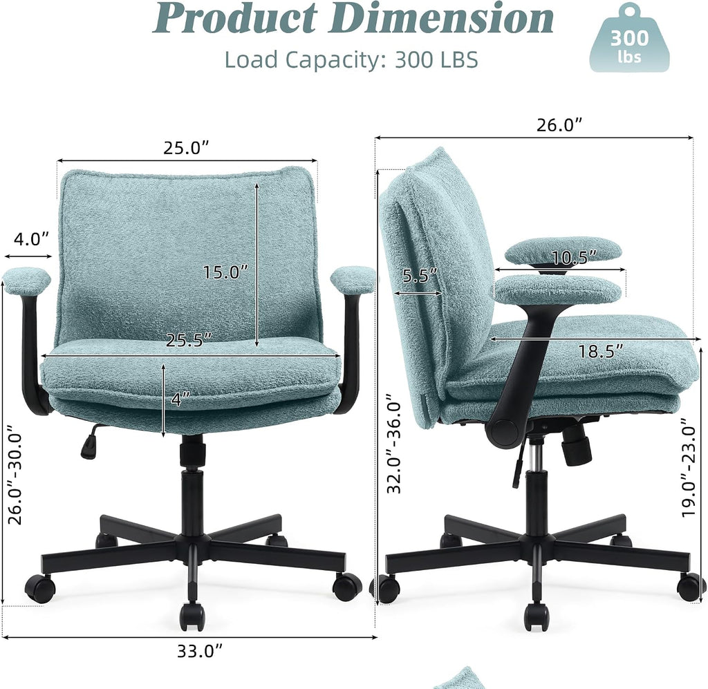 Kassipo Criss Cross Legged Office Chair with Wheels and Flip-Up Arms, Upholstered Criss Cross Desk Chair, Wide Seat Chairs for Home Office, Vanity, Apartment, Light Green