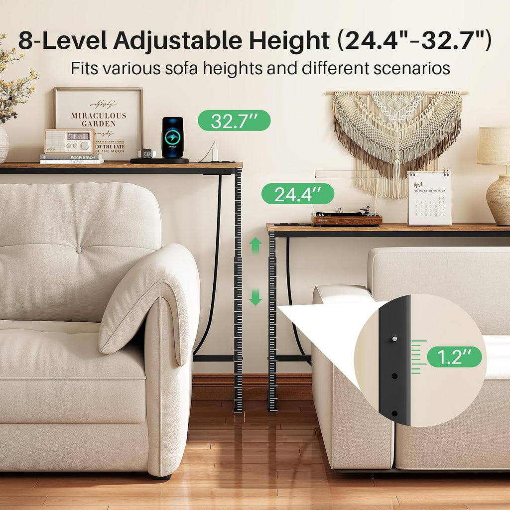 Kitstorack 2-Pack Rustic Brown Console Table, 7.9' Deep Panel, Adjustable Height (25'-33') & Built-in Power Outlets, Behind Sofa Couch, Includes 4.9' Power Cord - 78.8' Total Long