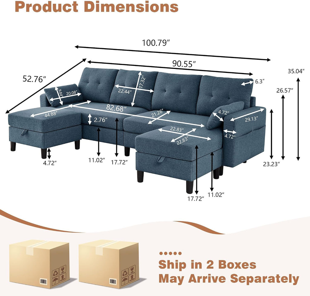101' Sectional Sofa 4 Seat U Shaped Couch with Storage Ottoman for Living Room, Reception Room ect, Combination Sectional Couch with Movable Ottoman Sets, Blue
