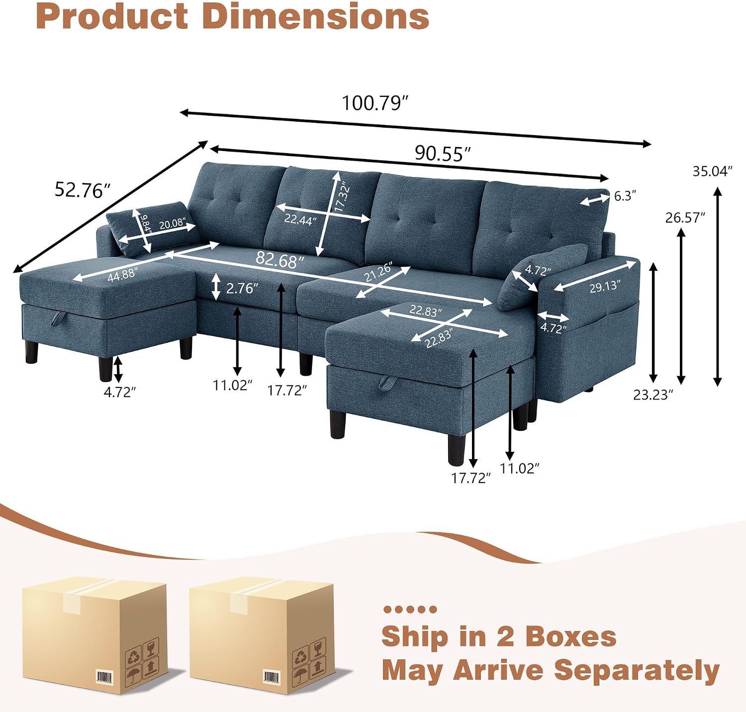 101' Sectional Sofa 4 Seat U Shaped Couch with Storage Ottoman for Living Room, Reception Room ect, Combination Sectional Couch with Movable Ottoman Sets, Blue