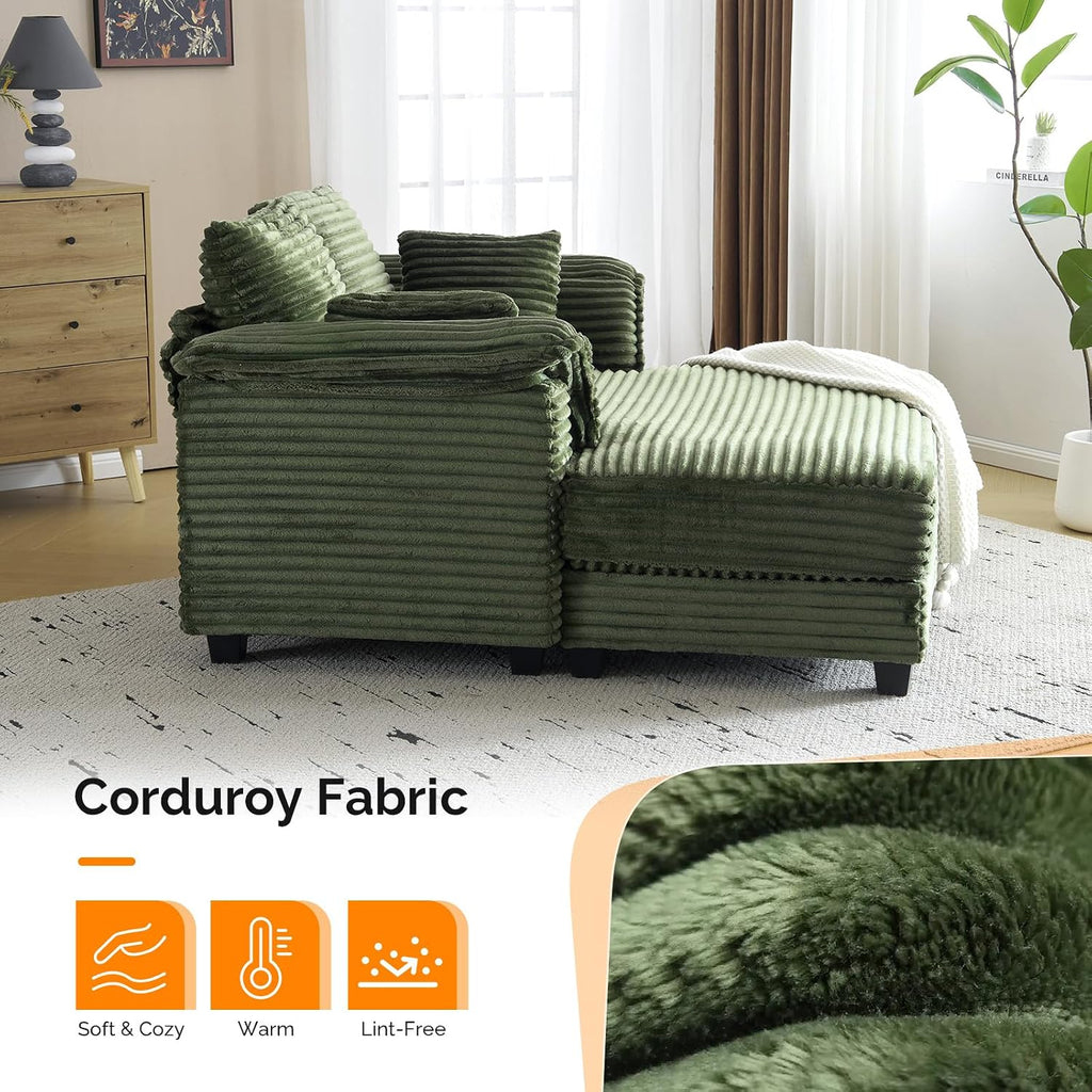 VINGLI Lounge Chair, 56' Oversized Reading Chair Corduroy Chaise Sofa Recliner Bed Upholstered Comfy Sleeper Couch with Throw Pillows and Armrests for Living Room, Movie Room, Bedroom