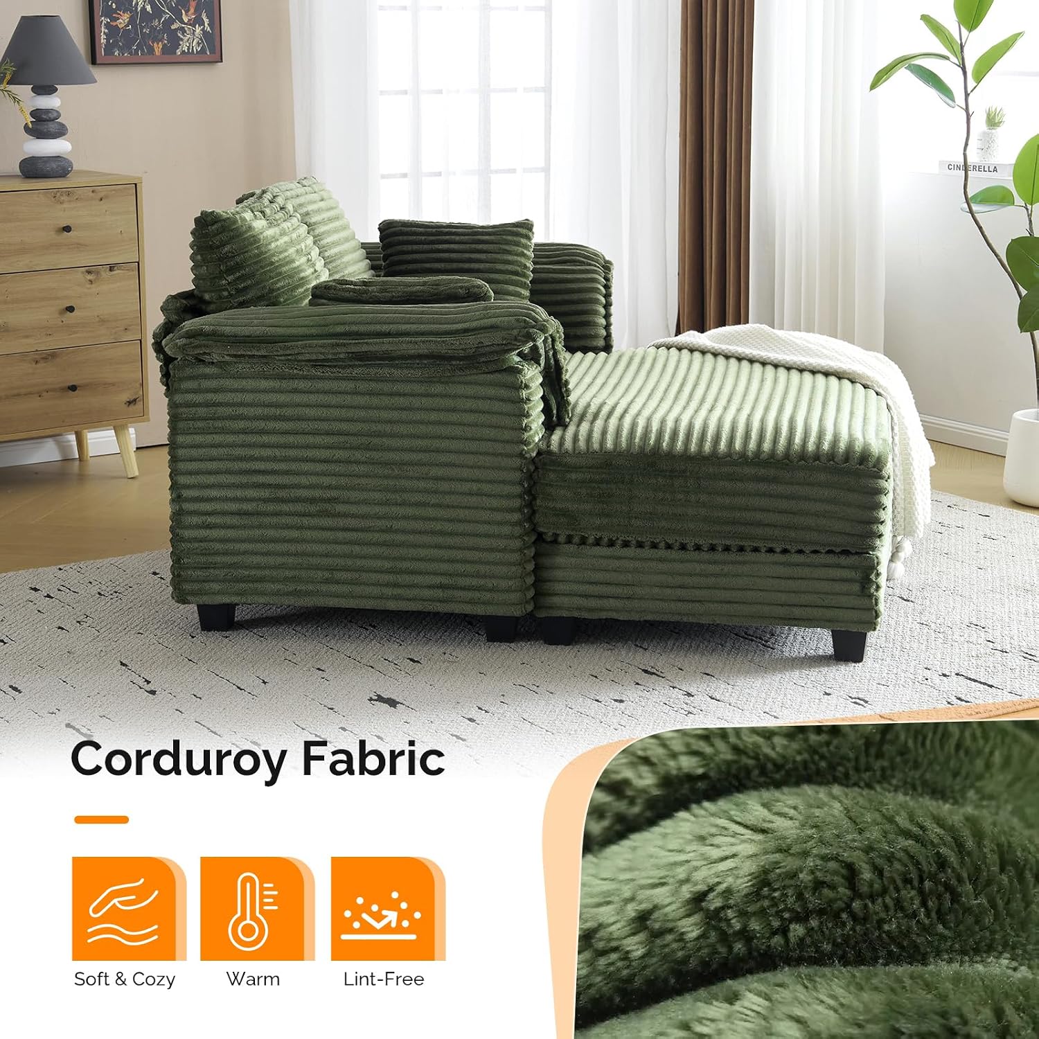 VINGLI Lounge Chair, 56' Oversized Reading Chair Corduroy Chaise Sofa Recliner Bed Upholstered Comfy Sleeper Couch with Throw Pillows and Armrests for Living Room, Movie Room, Bedroom