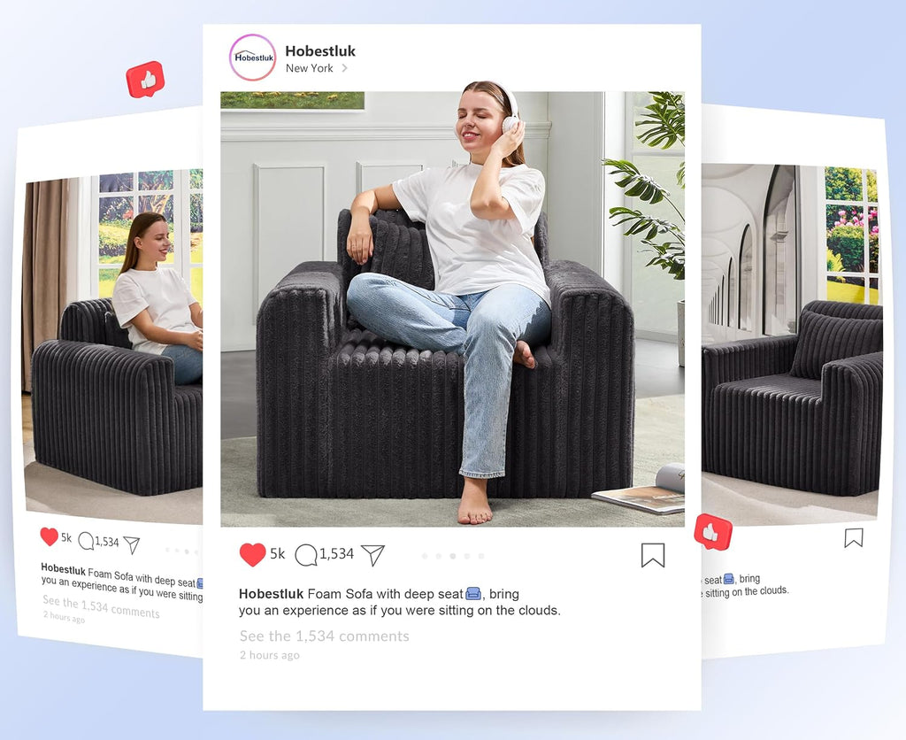 Hobestluk Single Sofa Foam Couch Sofa for Small Spaces Comfy Sofas with Removable Cover Furry Couch with Pillows for Living Room, Bedroom, Apartment, Office (Dark Grey, Standard)