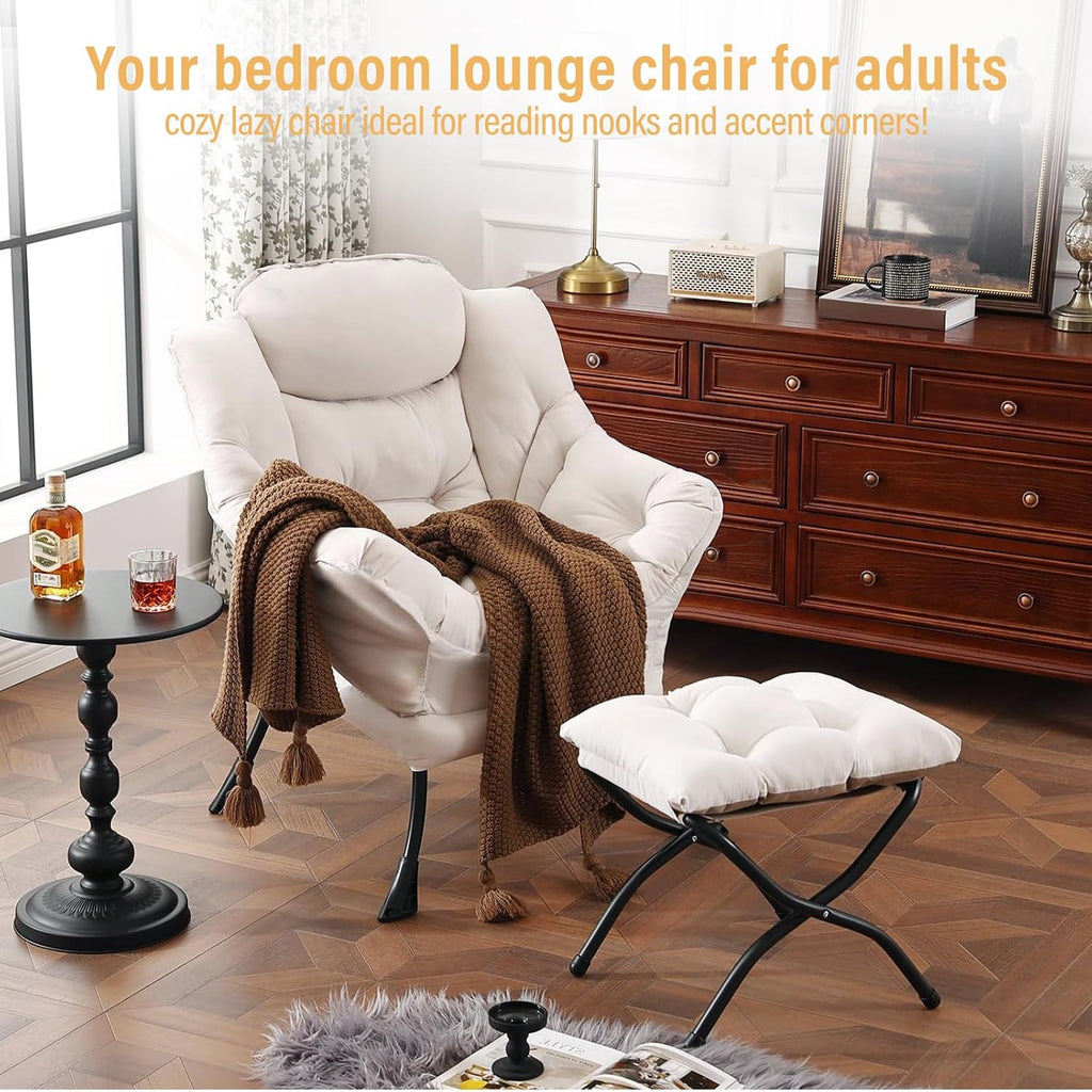 Furlide Lazy Chair with Ottoman, Modern Accent Chair with Armrests and a Side Pocket, Beige Accent Chairs, Reading Chairs, Oversized Armchairs for Bedroom, Study, Living Room, Courtyard