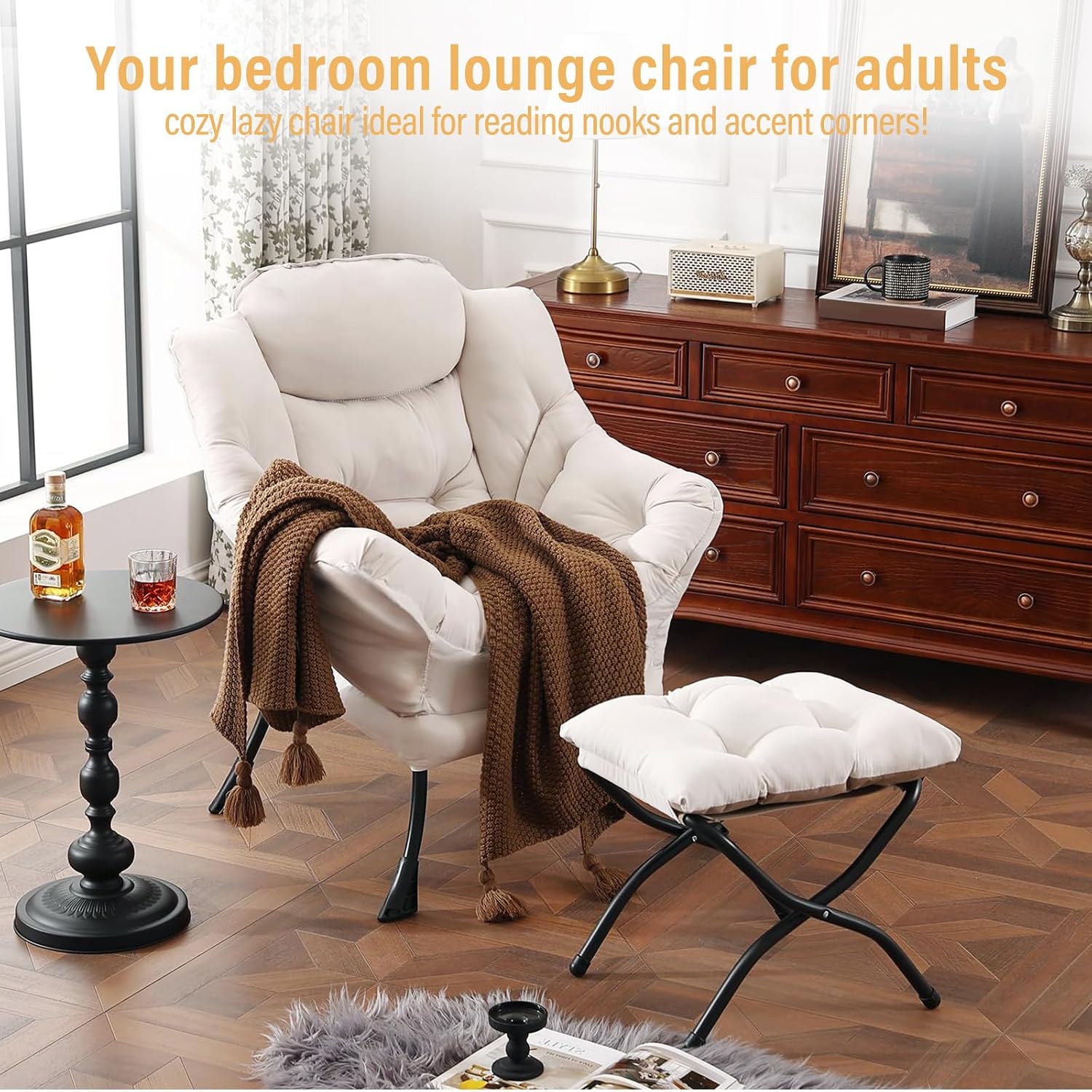 Furlide Lazy Chair with Ottoman, Modern Accent Chair with Armrests and a Side Pocket, Beige Accent Chairs, Reading Chairs, Oversized Armchairs for Bedroom, Study, Living Room, Courtyard