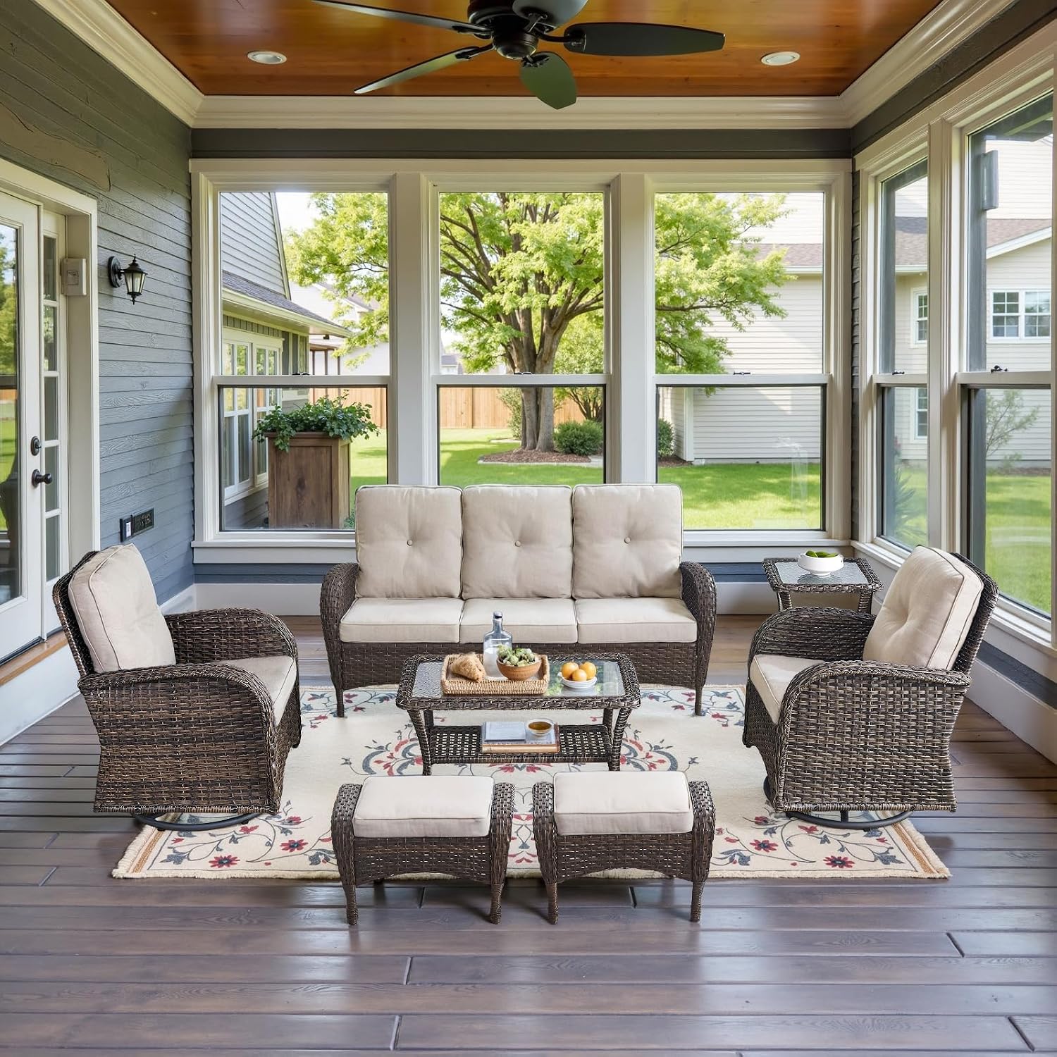 Belord Wicker Outdoor Furniture Set - 7 Piece Patio Conversation Sets with Comfort Swivel Rocker Glider Patio Chairs Set of 2 and Rattan Sofa, Tempered Glass Coffee Table and Side Table,Brown/Beige