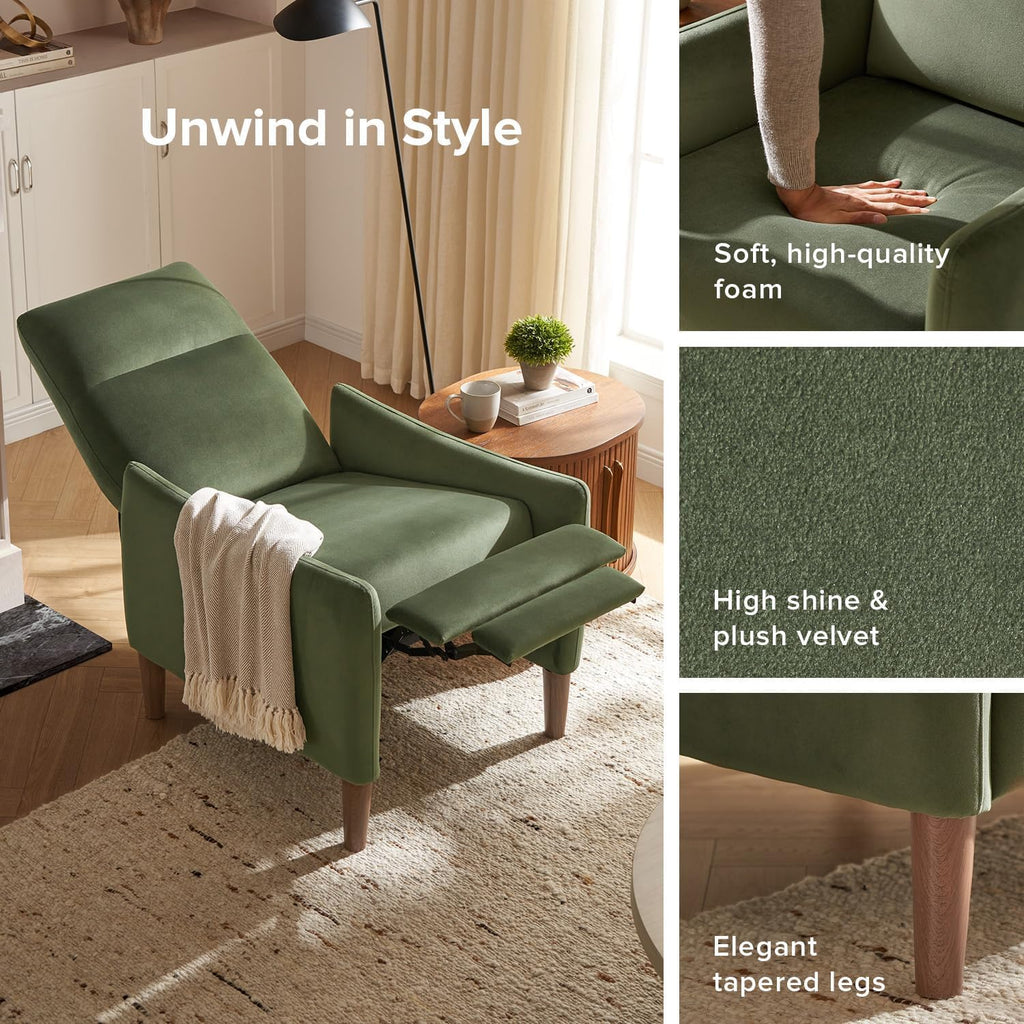 mopio Arthur Recliner Chair with 3 Positions, Accent Armchair, Mid Century Modern Reading Chair, High Back Padded Support Comfy Sleeper Armchair (Olive Green Velvet)