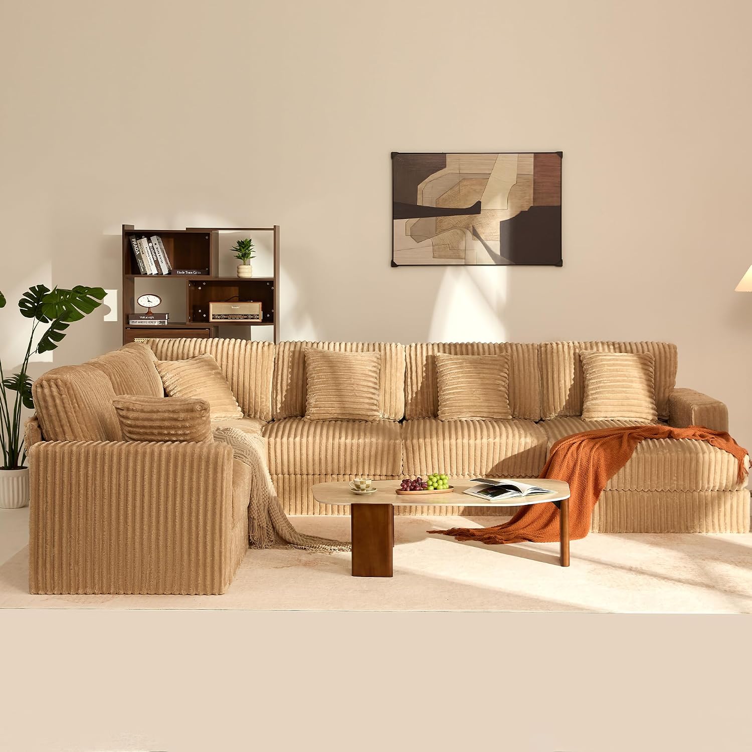 Cloud Couch 139' U-Shaped Couch(Not Boneless), Oversized 7-Seater Modular Couch, Queen Sofa with Corduroy Upholstery, Deep Seats, Pocket Spring Cushions for Living Room, Right Facing Chaise, Camel
