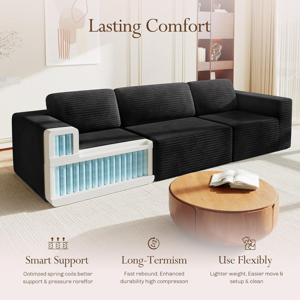 Vesgantti 119' Modular Sectional Sofa, Corduroy Cloud Couch with Deep Seating & Spring Support, 3 Seater Flexible Layout Sofa, Boneless Couch for Living Room & Apartment, No Assembly Required, Black