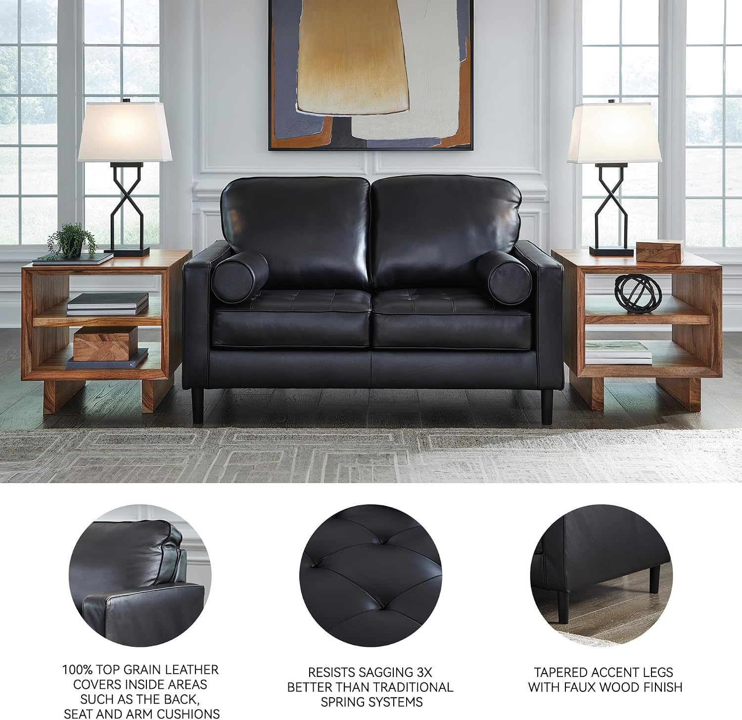 Signature Design by Ashley Bryceview Mid-Century Leather Match Tufted Loveseat with 2 Bolster Pillows, Black