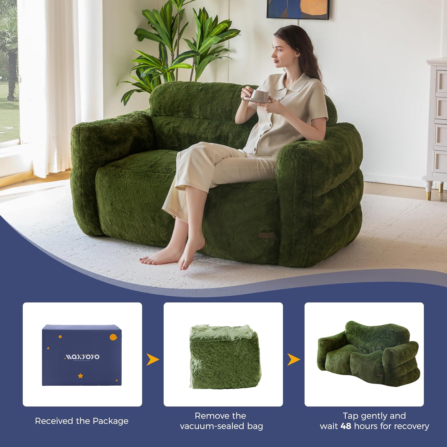 MAXYOYO Giant Bean Bag Chair for Adults, Loveseat Floor Sofa for Living Room, Ultra Soft Sofa Fluffy Reading Chair for Living Room, Green