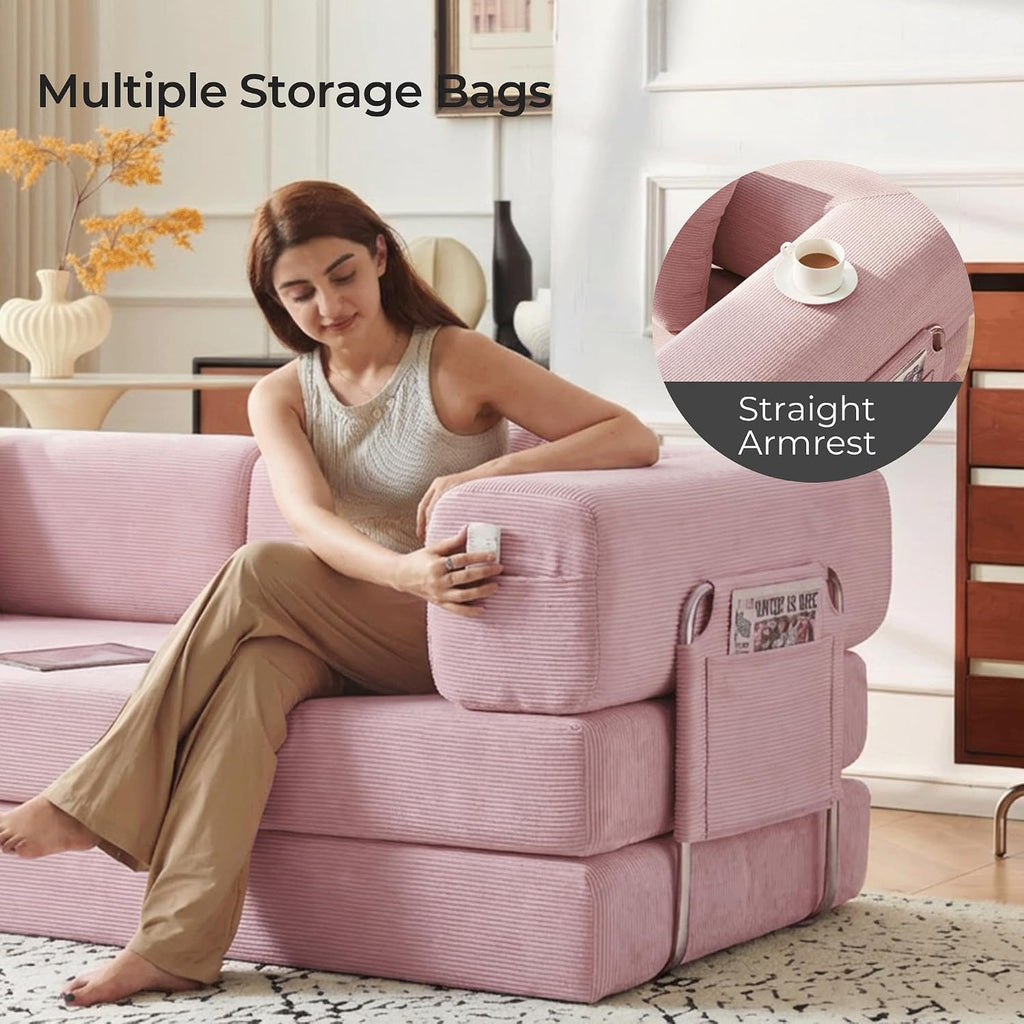 79' Convertible Sofa Bed with Pillows, Corduroy Folding Sleeper Sofa with Fixed-Shape Frame, Boneless Couch for Living Room Bedroom, Floor Sofa Lounge No Assembly Required (A - Style - Pink)