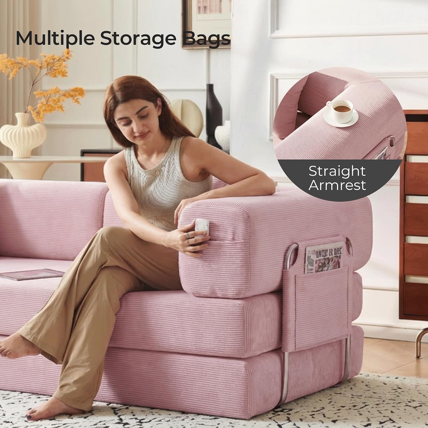 79' Convertible Sofa Bed with Pillows, Corduroy Folding Sleeper Sofa with Fixed-Shape Frame, Boneless Couch for Living Room Bedroom, Floor Sofa Lounge No Assembly Required (A - Style - Pink)