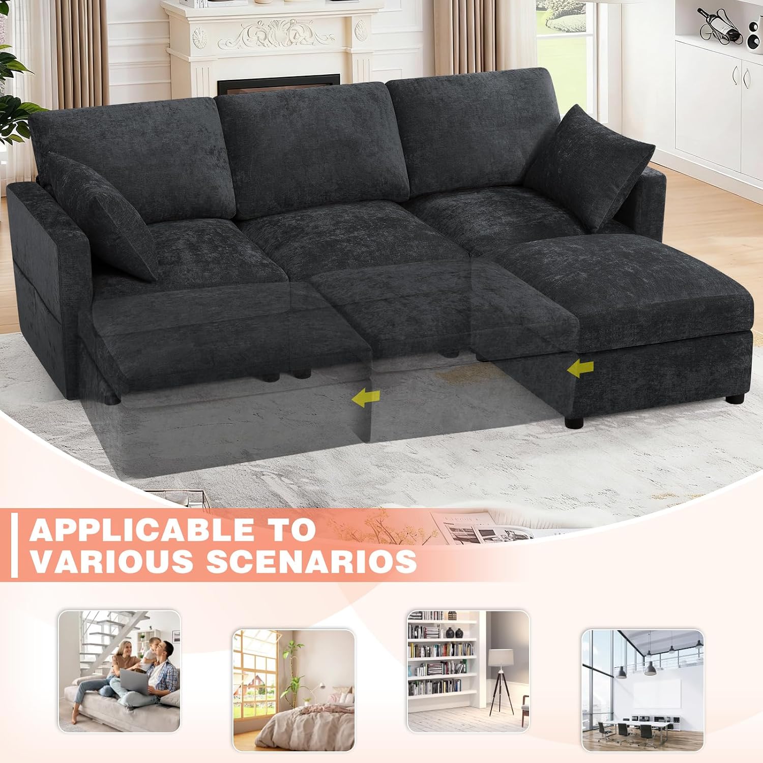 84 Inches Chenille 3-Seater Couch W/Movable Ottoman, Upholstered Sectional Sofa w/Soft Backrest, Modern Fabric L Shaped Couch w/Armrest Pillows for Living Room, Office, Black