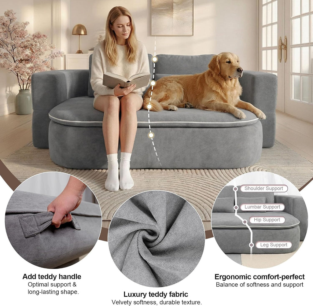 75'' Folding Sleeper Sofa Bed, Convertible Memory Foam Boneless Couch, Foldable Full Size Guest Bed, Modern 2-in-1 Futon Floor Sleeper Sofa with 4 Pillows and Blanket (Chenille, Gray1)