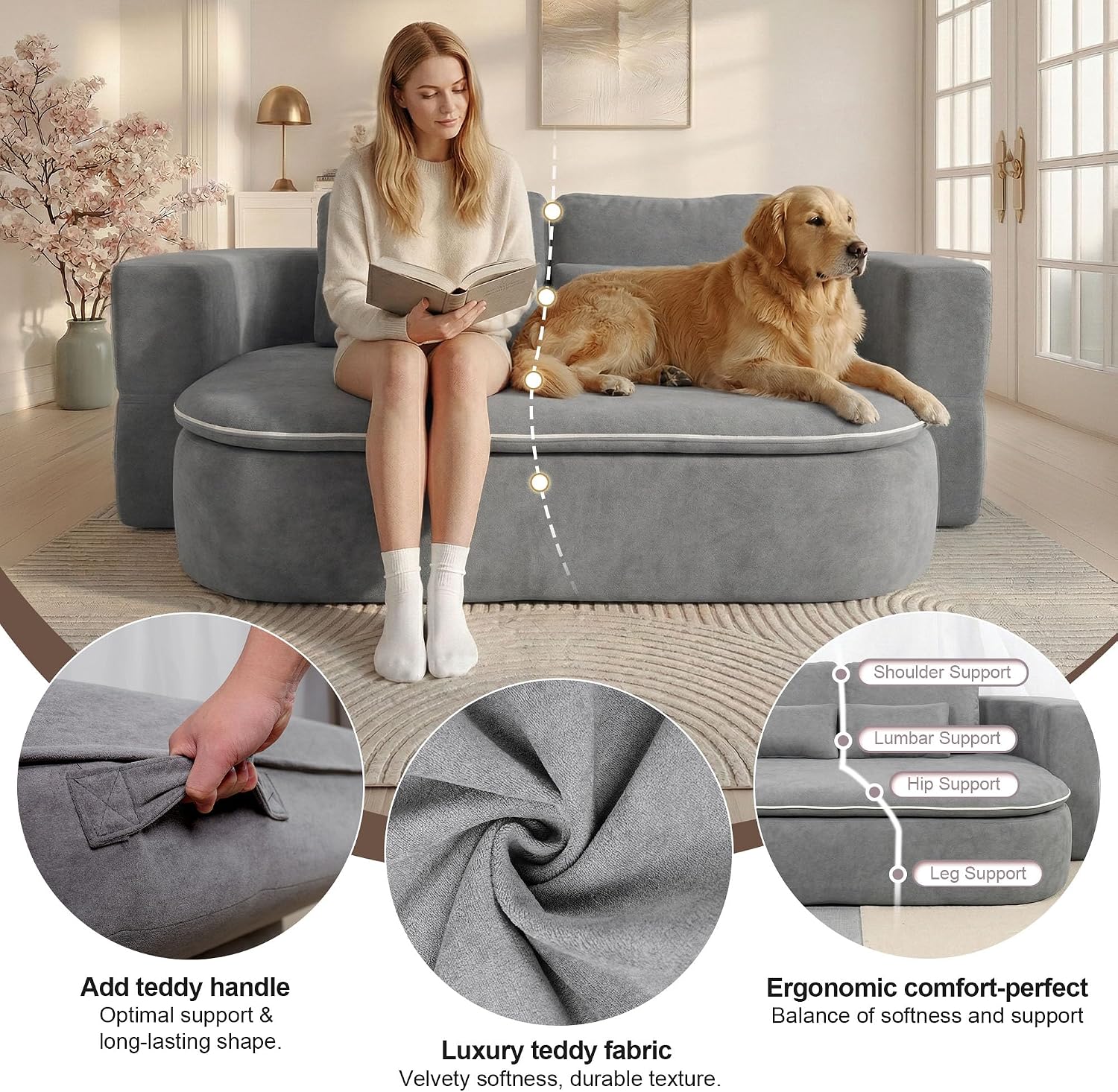 75'' Folding Sleeper Sofa Bed, Convertible Memory Foam Boneless Couch, Foldable Full Size Guest Bed, Modern 2-in-1 Futon Floor Sleeper Sofa with 4 Pillows and Blanket (Chenille, Gray1)