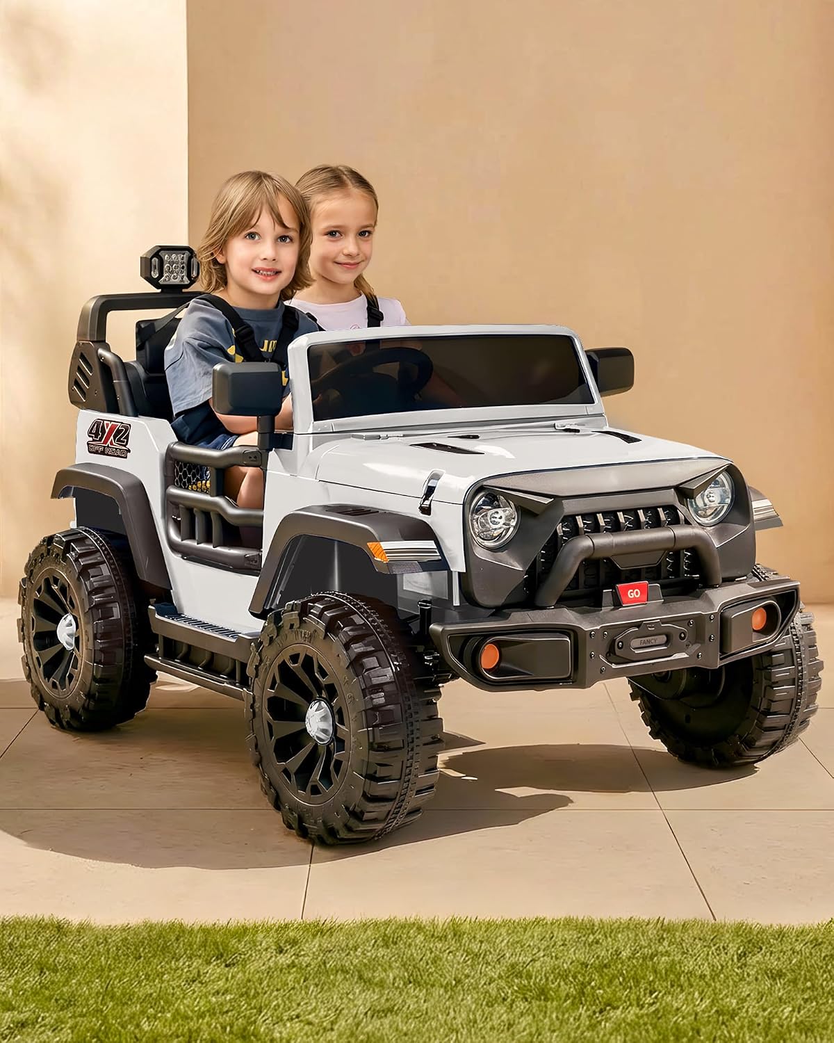 Outfunny 2 Seater Ride on Car Toy, 12V Electric Car for Kids 4-8 with Remote Control, Capacity 150 lb, LED Light - White