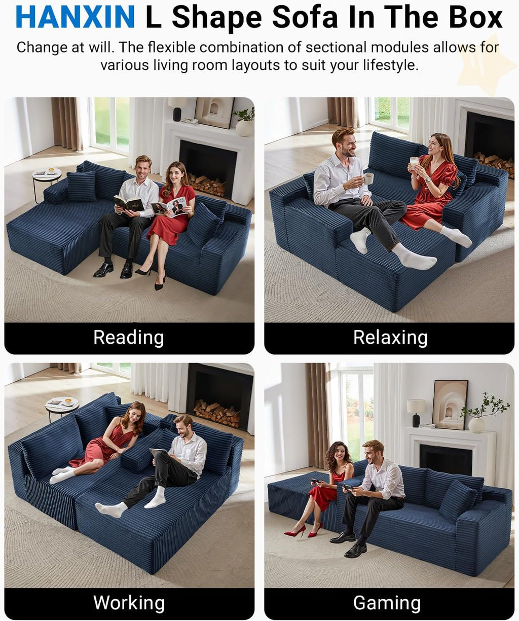 105 Inch Cloud Sectional Couch,Modern Modular Sectional Sofa with Deep Seat,Corduroy Boneless Couches with L-Shape Chaise for Living Room Bedroom,No Assembly Required (Blue, Left Facing Chaise)