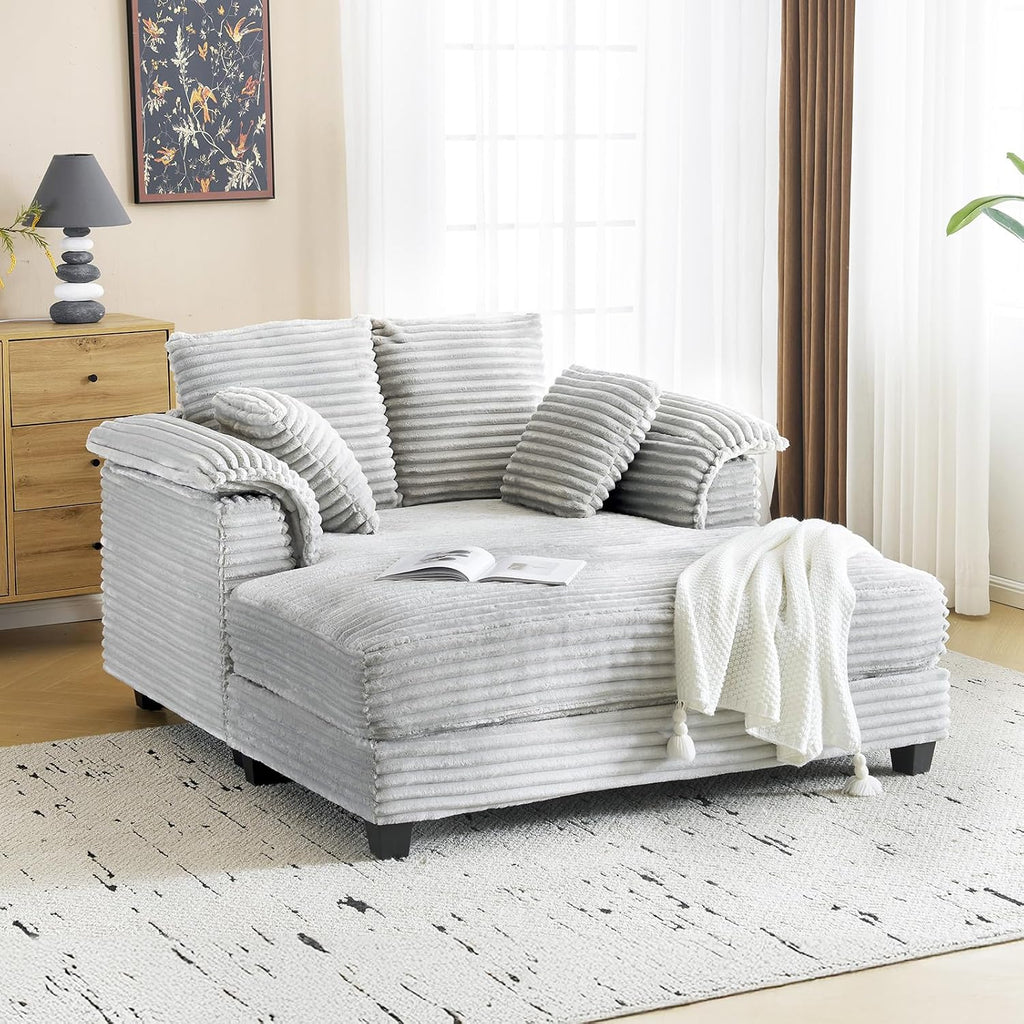 VINGLI 56' Oversized Chaise Lounge Chair, Light Grey Comfy Corduroy Chaise Sofa Recliner Bed Upholstered Sleeper Couch Bed with Throw Pillows and Armrests for Living Room, Movie Room, Bedroom